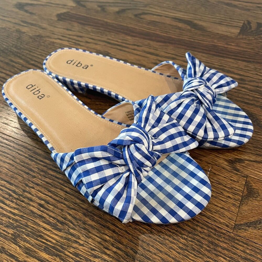 DIBA Blue & White Gingham Checked Cotton Knot Slip On Sandals